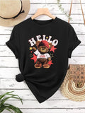 Women's Cartoon Bear & Letter Print Round Neck Tee, Casual Short Sleeve Crew Neck T-Shirt for Daily Wear, Ladies Clothes Tops for All Seasons