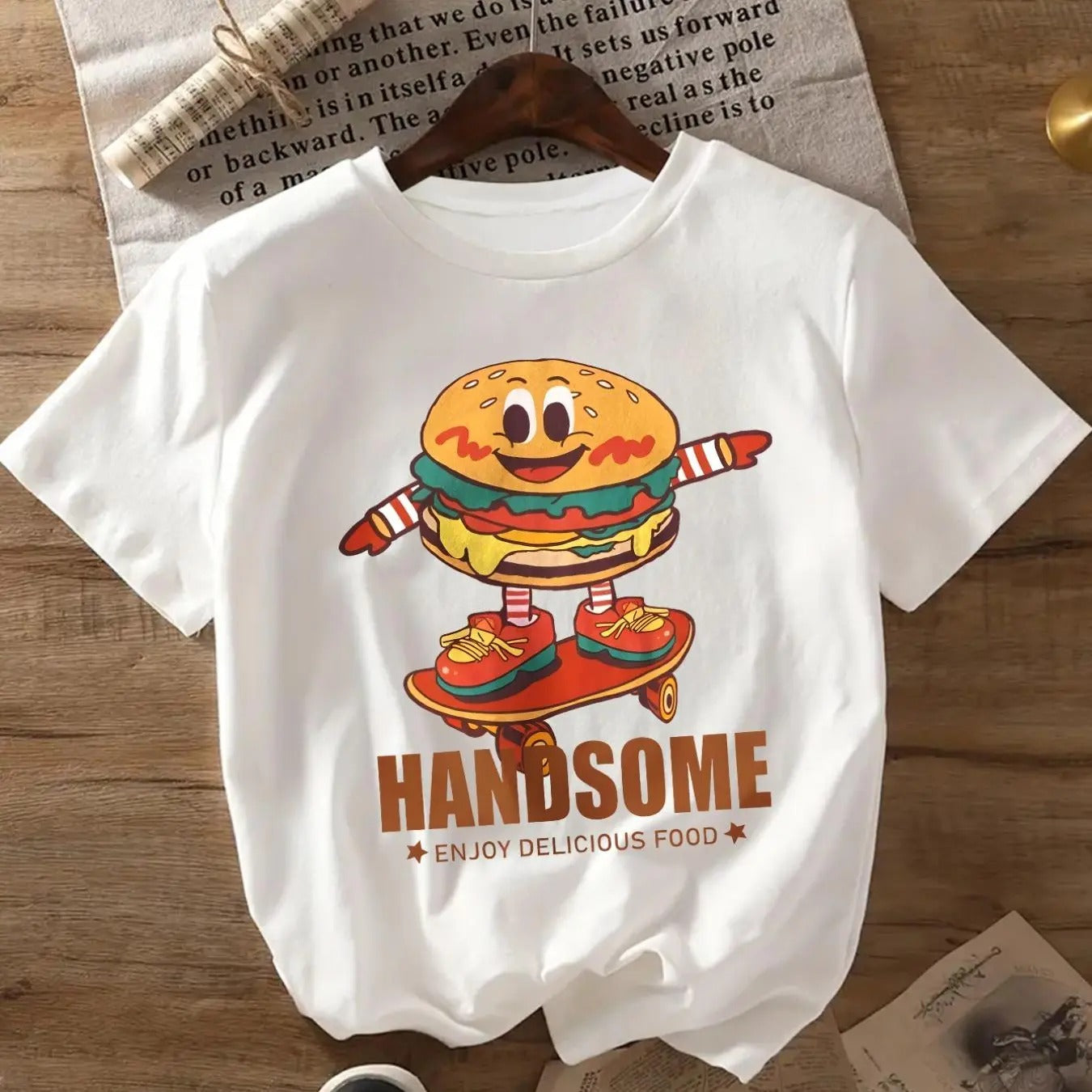 Women's Cartoon Burger & Letter Print Round Neck Tee, Fashion Casual Crew Neck T-shirt for Daily Holiday Vacation Outdoor Wear, Girls Tops for Spring & Fall