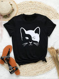 Women's Cartoon Cat Print Round Neck Tee, Fashion Casual Short Sleeve T-shirt for Daily Holiday Vacation Outdoor Wear, Ladies Clothes for All Seasons