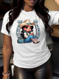 Women's Cartoon Cowgirl Print Round Neck Tee, Fashion Casual Crew Neck Short Sleeve T-Shirt for Daily Holiday Vacation Outdoor Wear, Ladies Clothes for All Seasons
