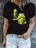 Women's Cartoon Cucumber Print Round Neck Tee, Fashion Casual Canned Pickle Short Sleeve T-shirt for Daily Outdoor Wear, Ladies Clothes for Summer