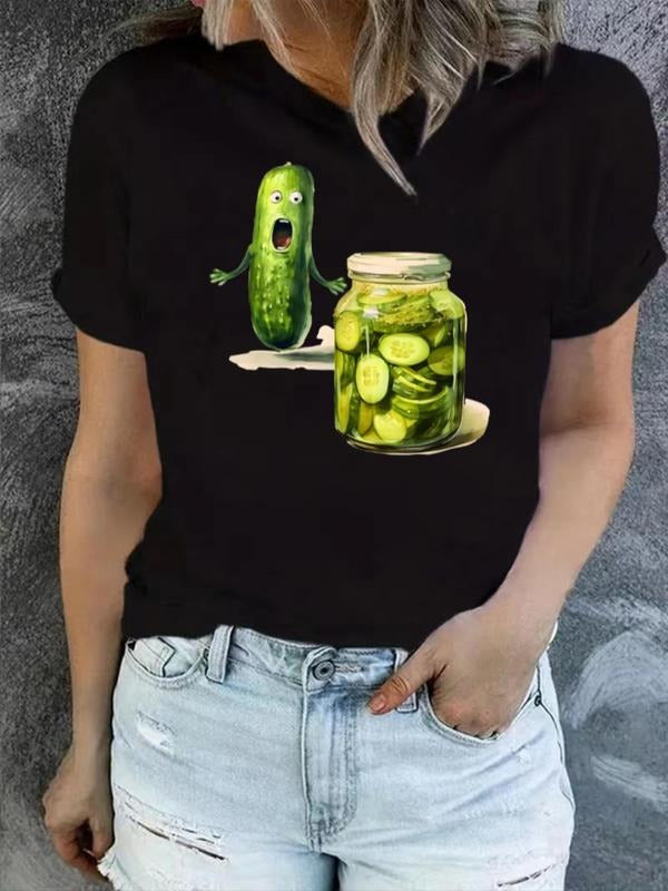 Women's Cartoon Cucumber Print Round Neck Tee, Fashion Casual Canned Pickle Short Sleeve T-shirt for Daily Outdoor Wear, Ladies Clothes for Summer