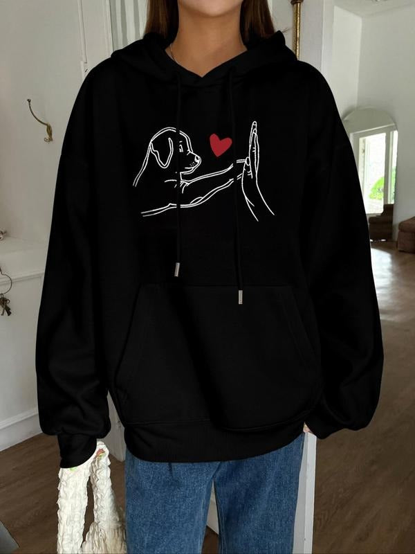 Women's Cartoon Dog & Heart Print Hoodie, Fashion Casual Hooded Sweatshirt for Daily Holiday Outdoor Wear, Women Clothing for Fall & Winter