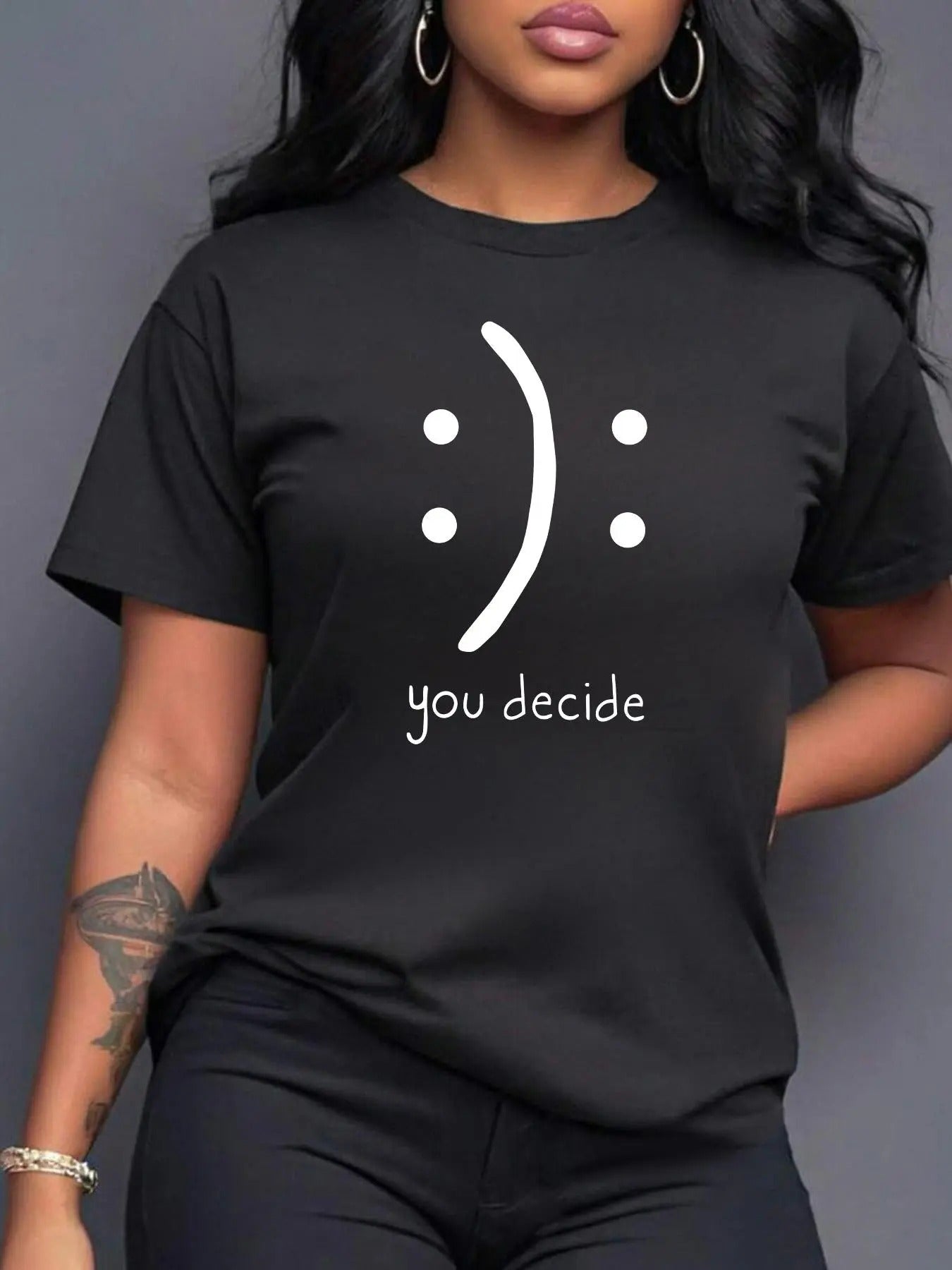 Women's Cartoon Face & Letter Print Drop Shoulder Tee, Casual Short Sleeve Round Neck T-Shirt for Summer, Women's Top for Daily Wear