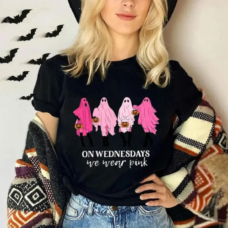 Women's Cartoon Ghost & Letter Print Drop Shoulder Sweatshirt, Casual Long Sleeve Round Neck Pullover For Daily Wear, Halloween Shirt, Unisex Short Sleeve Tee Shirt, Casual Clothing Womenswear Tops