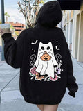 Women's Cartoon Ghost Print Hoodie, Casual Long Sleeve Hooded Pullover for Fall & Winter, Women's Clothes for Daily Wear