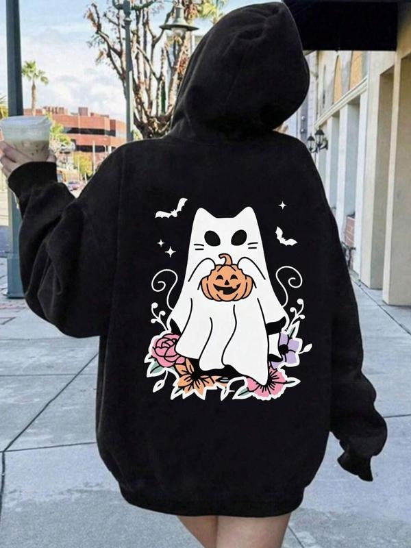 Women's Cartoon Ghost Print Hoodie, Casual Long Sleeve Hooded Pullover for Fall & Winter, Women's Clothes for Daily Wear
