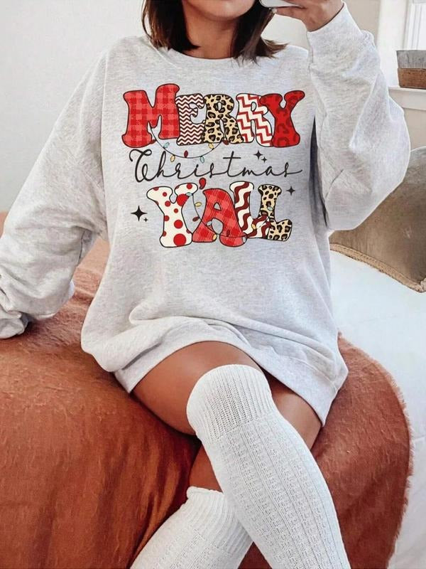 Women's Cartoon Merry Christmas Print Round Neck Sweatshirt, Casual Long Sleeve Pullover, Ladies Fall & Winter Clothes for Daily Wear