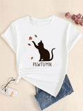 Women's Cat & Letter Print Round Neck Tee, Casual Short Sleeve T-shirt for Summer, Ladies Clothes for Daily Wear