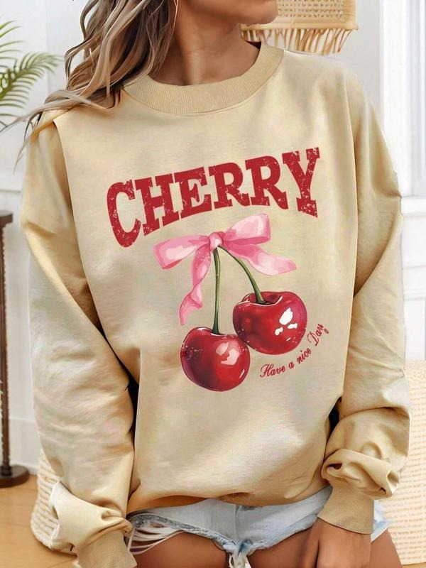 Women's Cherry & Letter Print Drop Shoulder Sweatshirt, Casual Long Sleeve Round Neck Thermal Lined Pullover for Fall & Winter, Ladies Clothes for Daily Wear
