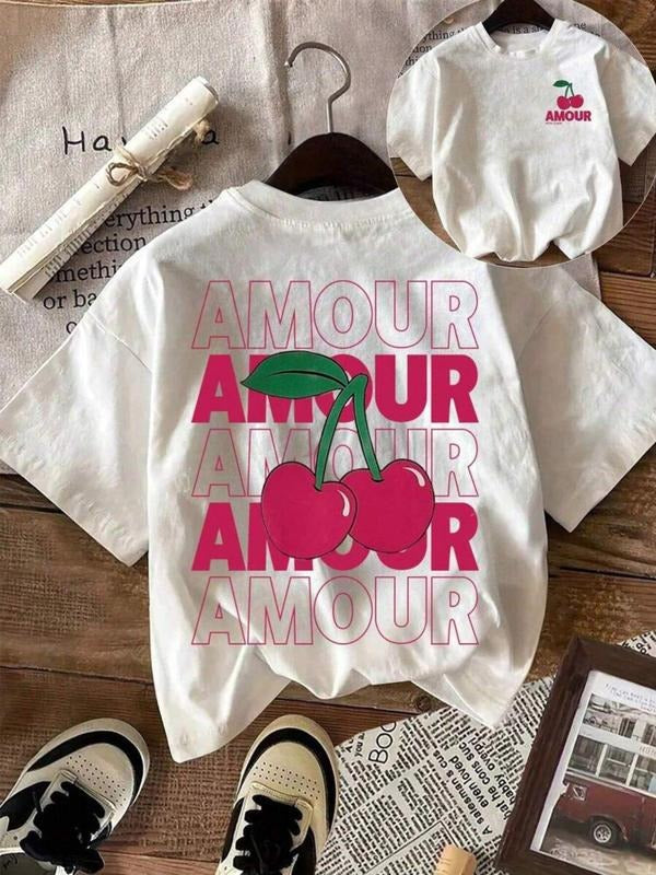 Women's Cherry & Letter Print Round Neck Tee, Vintage Trendy Casual Short Sleeve T-shirt for Daily Wear, Ladies Summer Outfit, Top