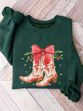 Women's Christmas Themed Boots Print Round Neck Sweatshirt, Casual Long Sleeve Crew Neck Pullover for Daily Wear, Ladies Clothes for Fall & Winter