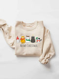 Women's Christmas Themed Cat & Letter Print Drop Shoulder Sweatshirt, Casual Long Sleeve Round Neck Pullover for Fall & Winter, Ladies Clothes for Daily Wear