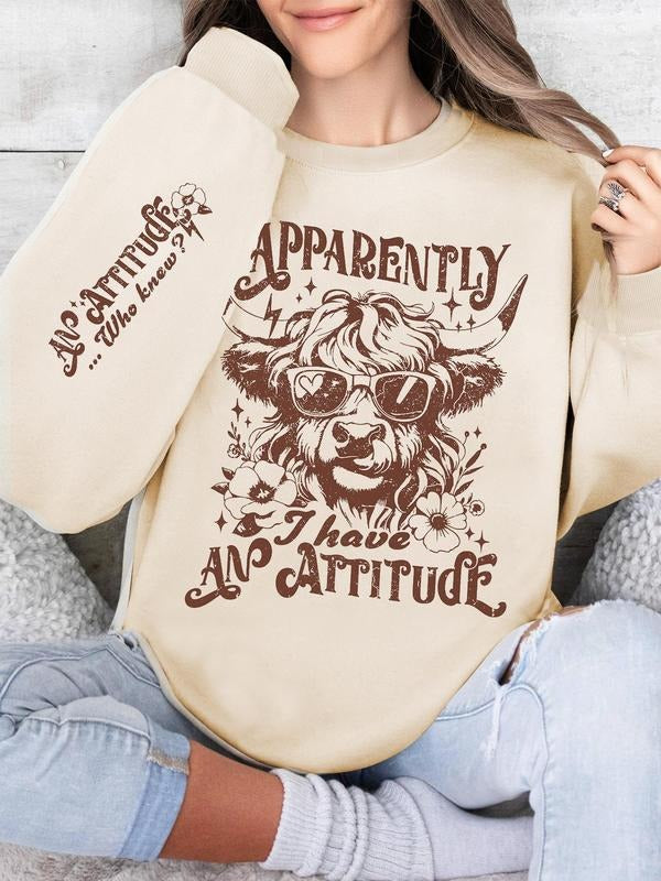 Women's Cow & Letter Print Sweatshirt, Casual Long Sleeve Pullover for Spring & Fall, Women's Clothes for Daily Wear
