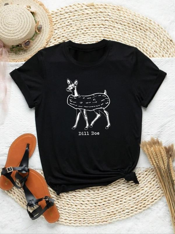 Women's Deer & Letter Print Round Neck Tee, Trendy Casual Short Sleeve Crew Neck T-Shirt for Daily Wear, Ladies Clothes for All Seasons