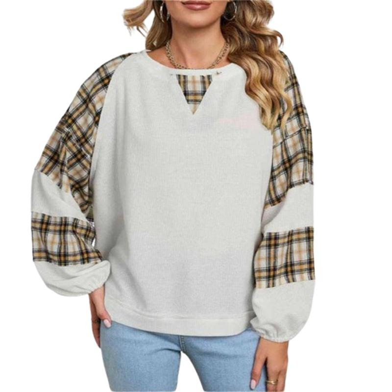 Women's Fall Loose Pullover Plaid Print Patchwork Bat Long Sleeve Crew Neck Waffle Sweatshirt