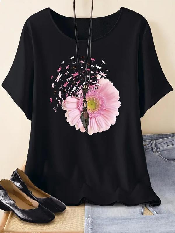 Women's Floral & Dragonfly Print Round Neck Tee, Casual Comfy Drop Shoulder Half Sleeve T-Shirt for Summer, Fashion Women's Top for Daily Wear