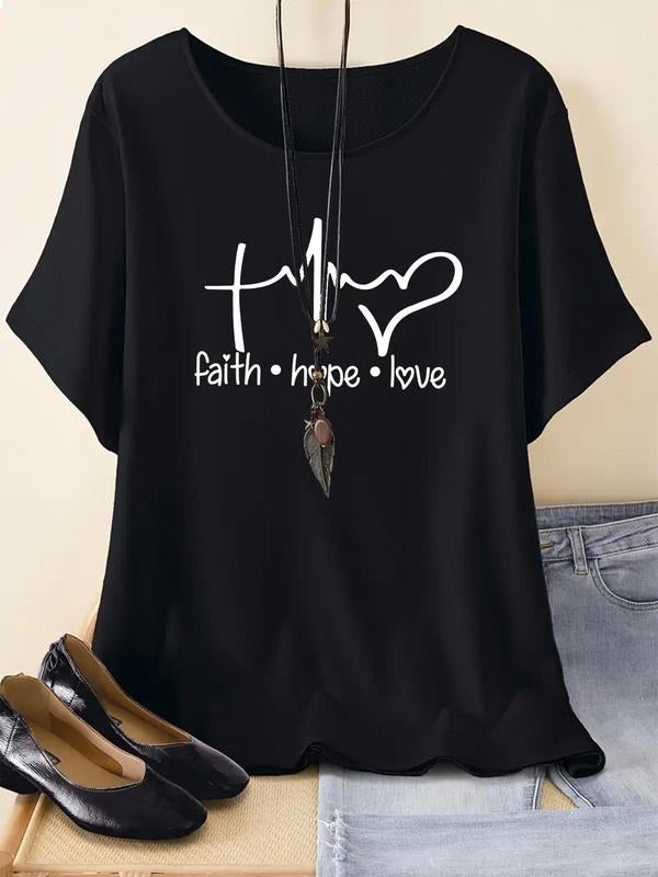 Women's Heart & Letter Print Drop Shoulder Tee, Casual Short Sleeve Round Neck T-Shirt for Summer, Ladies Clothes for Daily Wear