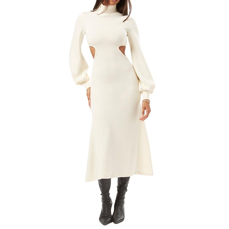 Women's Knit Midi Dress Solid Color Ribbed High Neck Long Puff Sleeve Cutout Waist Slim Sweater Dress for Fall Casual Womenswear