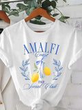 Women's Lemon & Letter Print Round Neck Tee, Casual Short Sleeve Crew Neck T-Shirt for Daily Wear, Ladies Clothes for All Seasons, Top