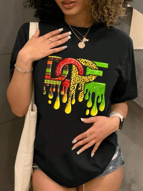 Women's Leopard & Letter Print Round Neck Tee, Casual Short Sleeve T-Shirt for Daily Wear, Ladies Clothes for All Seasons