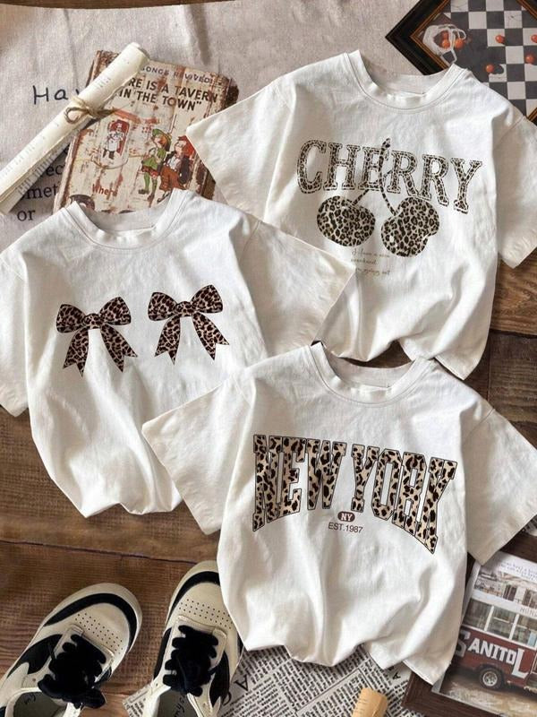 Women's Leopard Graphic Round Neck Tee, Casual Short Sleeve T-Shirt for Summer, Ladies Clothes for Daily Wear