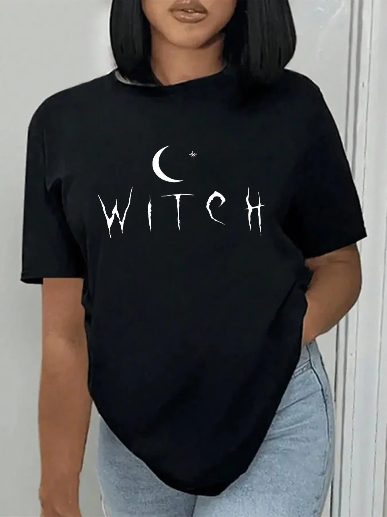 Women's Letter & Moon Print Round Neck Tee, Casual Short Sleeve Crew Neck T-shirt for Daily Wear, Ladies Clothes for All Seasons