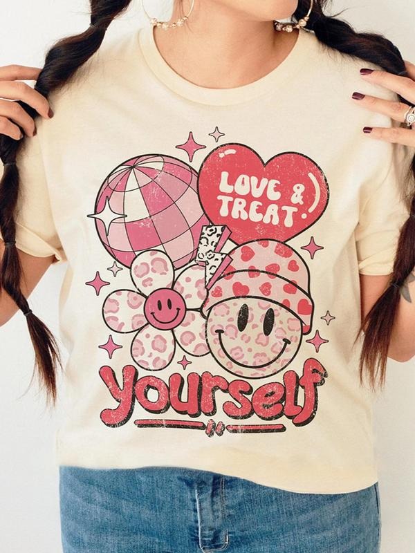 Women's Letter & Smile Face Print Round Neck Tee, Casual Short Sleeve Crew Neck T-shirt for Summer, Women's Top for Daily Wear