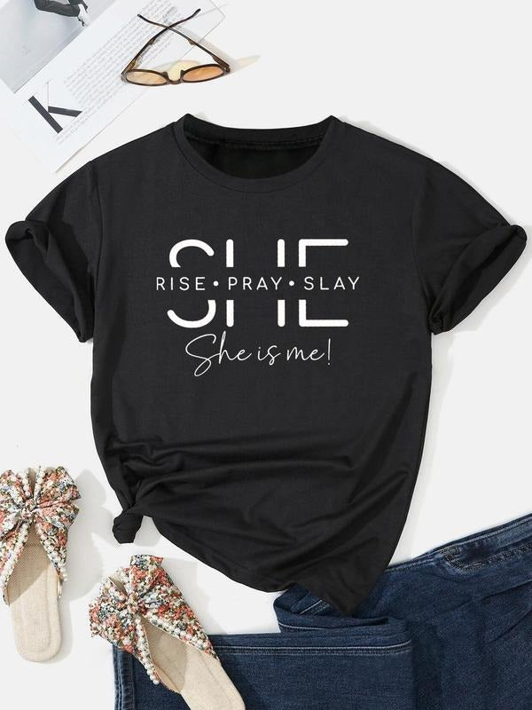 Women's Letter Print Round Neck Tee, Fashion Casual Crew Neck Short Sleeve T-Shirt for Daily Holiday Vacation Outdoor Wear, Ladies Clothes for All Seasonsstyle{n002}9