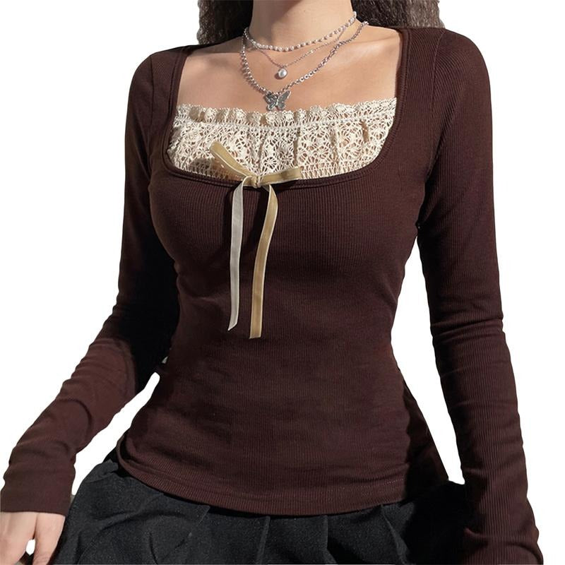 Women's Long Sleeve Knitted Tops, Lace Stitching Neckline Knitwear, Bowknot Decoration Slim-Fit Casual Pullover Fashion Womenswear