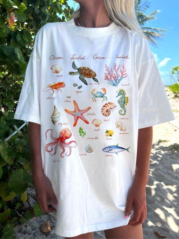 Women's Marine Life Print Round Neck Tee, Casual Short Sleeve T-shirt for Summer, Ladies Clothes for Beach Vacation, Top