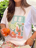 Women's Pineapple & Cocktail Print Round Neck Tee, Casual Short Sleeve T-shirt for Summer, Ladies Clothes for Daily Wear, Top