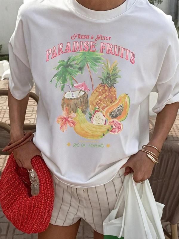 Women's Pineapple & Coconut Tree Print Round Neck Tee, Casual Short Sleeve Crew Neck T-shirt for Summer, Fashion Women's Top for Daily Wear