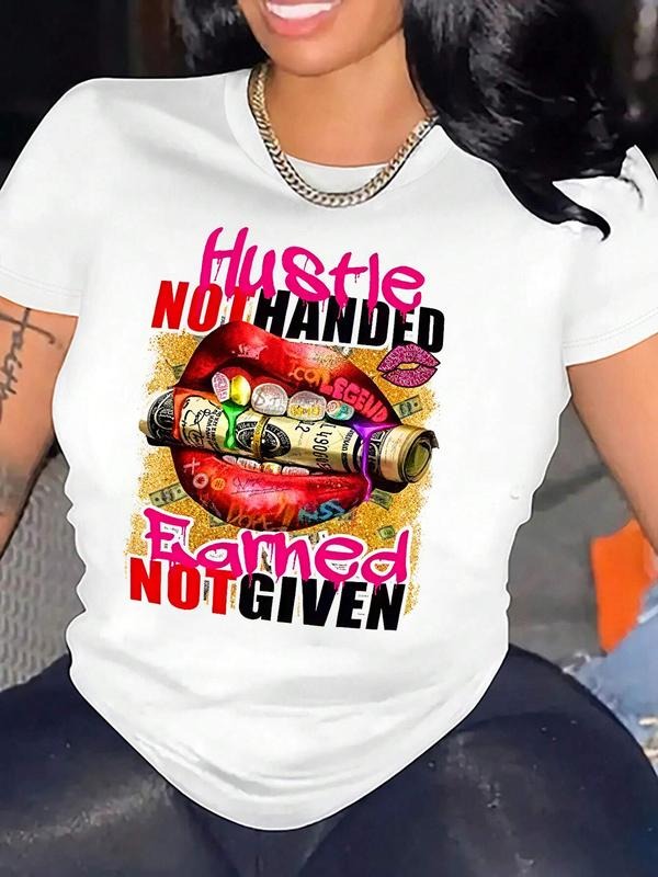 Women's Slogan & Lip Print Round Neck Tee, Fashion Casual Short Sleeve T-shirt for Daily Holiday Vacation Outdoor Wear, Ladies Summer Clothes