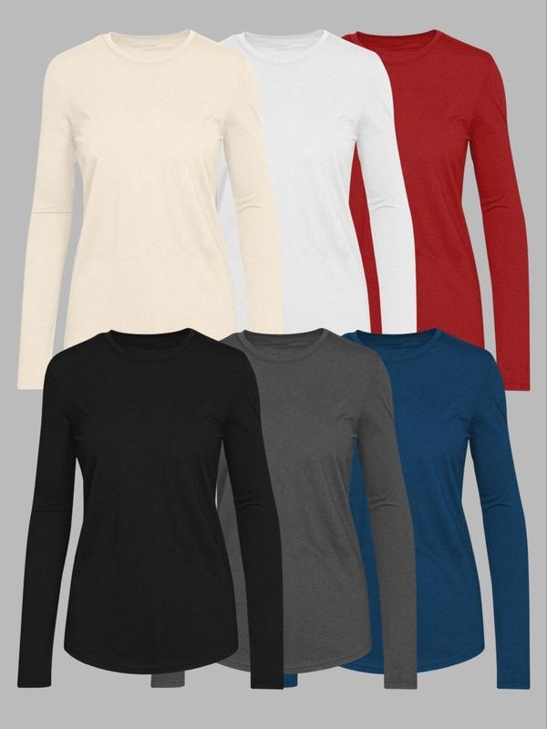 Women's Solid Long Sleeve Tee, Casual Basic Round Neck T-shirt for Fall & Winter, Women's Top for Daily Wear