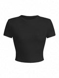 Women's Solid Round Neck Crop Tee, Casual Short Sleeve Crew Neck T-shirt for Summer, Fashion Women's Top for Daily Wear