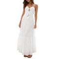 Women's Summer Long Cami Dress Solid Color Spaghetti Strap Cutout Tie-Up Front Backless Slim Dress Casual Polyester