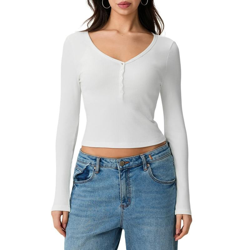 Women's SummerCropped Tops Solid Color Ribbed Long Sleeve V-Neck Button Show Navel T-Shirt
