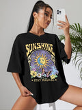 Women's Sun & Floral Print Drop Shoulder Tee, Fashion Casual Letter Graphic Half Sleeve Round Neck T-shirt for Daily Wear, Ladies All Seasons Clothes