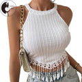 Women's Tassel Hem Vest Summer Sleeveless Cold Shoulder FashionableTank Tops