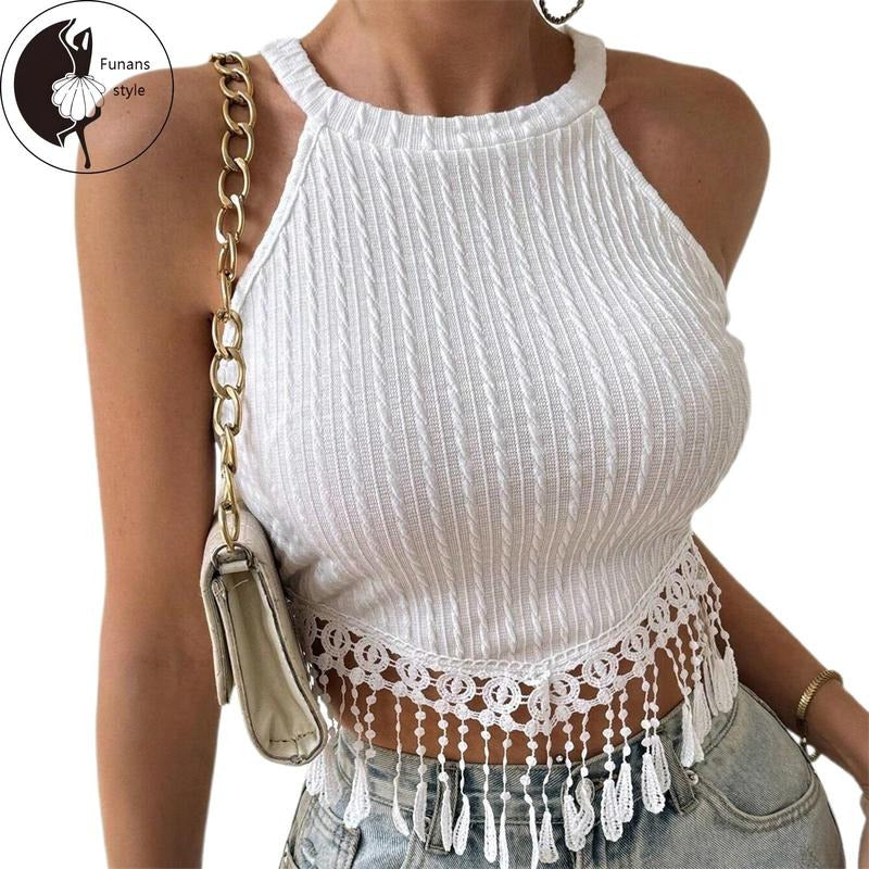 Women's Tassel Hem Vest Summer Sleeveless Cold Shoulder FashionableTank Tops