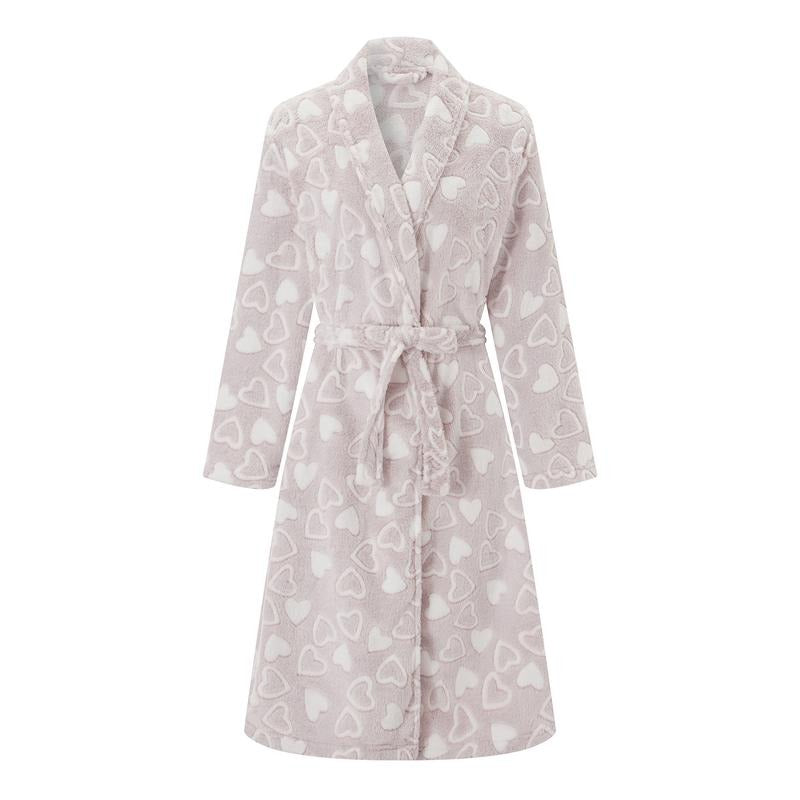 Women's Thick Flannel Bathrobe Heart Print Long Sleeve Fuzzy Plush Shawl Collar Bath Robe with Belt