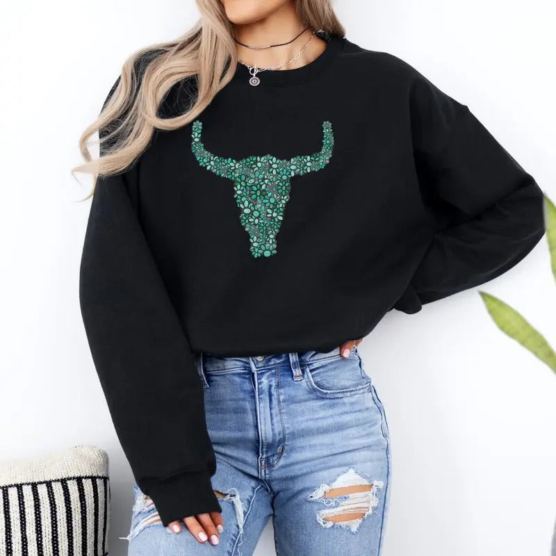 Women's Western Style Turquoise Long Horn shirt, Cowgirl Sweatshirt tops for women, Cowgirl Rodeo, Gift for Her western outfits women, western clothing stuff country girl clothes