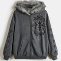 Women's Zip Up Hoodies Graphic Rhinestone Contrast Faux Fur Long Sleeve Sweatshirt Jacket with Pockets
