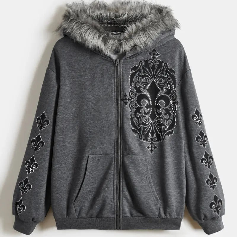 Women's Zip Up Hoodies Graphic Rhinestone Contrast Faux Fur Long Sleeve Sweatshirt Jacket with Pockets