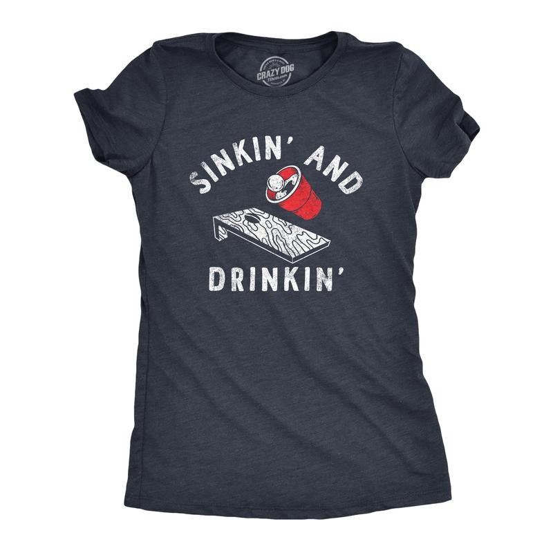 Womens Sinkin and Drinkin T Shirt Funny Beer Pong Corn Hole Partying Tee for Ladies Funny Womens T Shirts Cute Slimming Top Comfortable Soft Womenswear Funny Drinking Top Women's Novelty Tees Navy -
