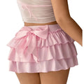 Y2K Bow Kont Elastic Waist Layered Ruffle Hem Mini Skirts
