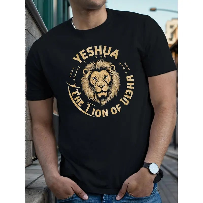 Yeshua Lion of Judah Print T-Shirt for Men, Casual Crew Neck Short Sleeve Polyester Knit Tee with Geometric Pattern,...