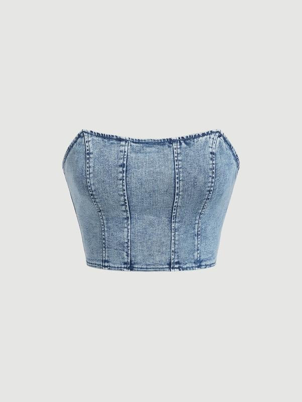 Zipper Strapless Sleeveless Denim Tube Crop Bandeau TopY2K