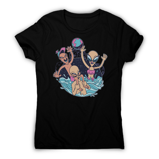 Alien pool party funny design t-shirt women's